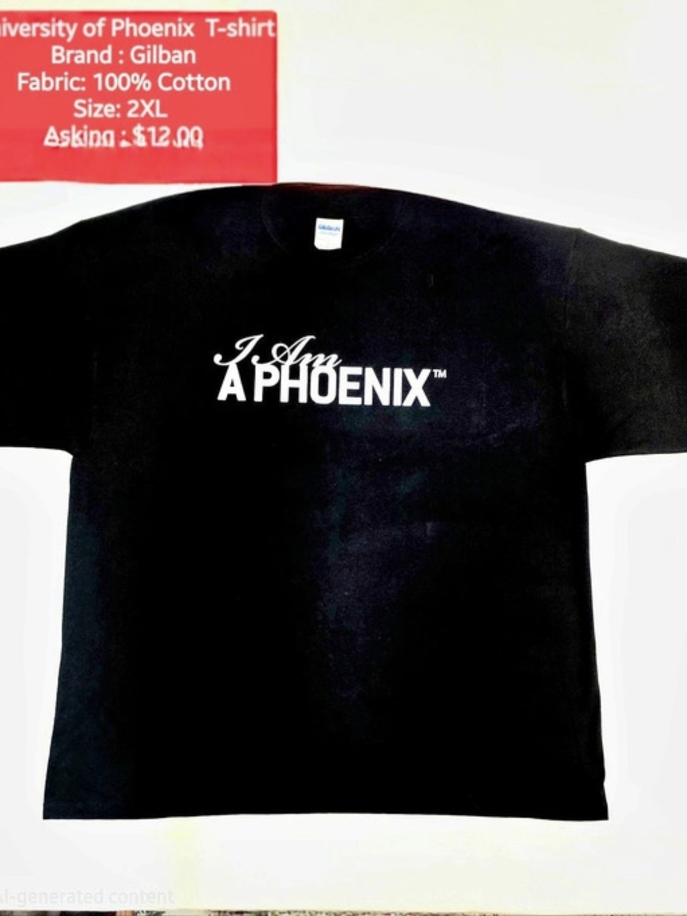 Gildan University of Phoenix T-shirt Black Cotton Size 2XL Like New